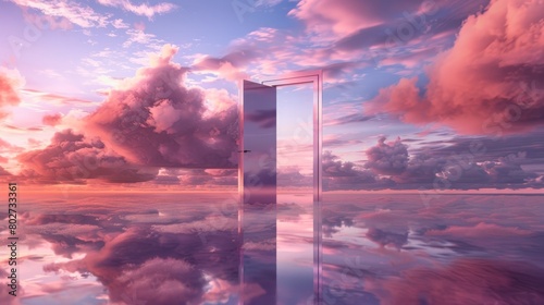 Enchanting scene of a door leading to a cloud-filled landscape, mirrored beautifully in a calm lake, under a pastel pink and purple sky