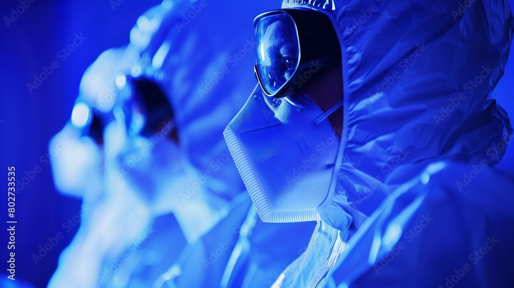 Healthcare workers, clad in PPE, meticulously studying a vial marked with a high-risk virus. Healthcare workers, clad in PPE, meticulously studying a vial marked with a high-risk virus.