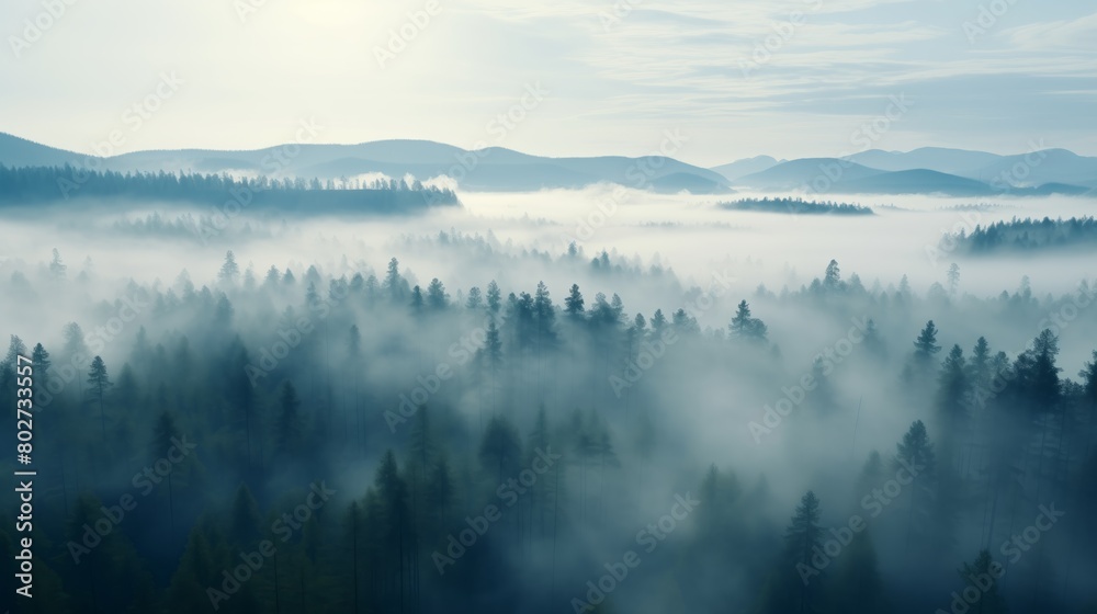 Fototapeta premium Photograph of a foggy forest. Misty Forest Aerial Photograph with Pine Trees. Foggy, Atmospheric Nature Background