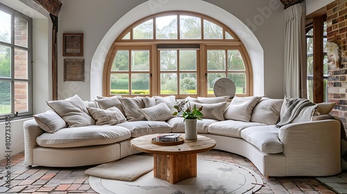 room adorned with coffee table crafted from solid wood, against the backdrop of a picturesque large arched window and natural brickwork tiled floor