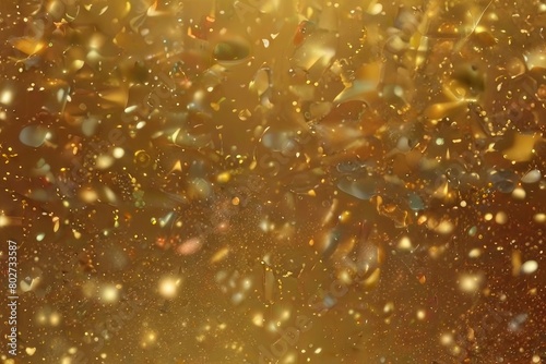 Abstract glittering gold background with shiny glossy sparkles. Gold particles and sequins and light bokeh