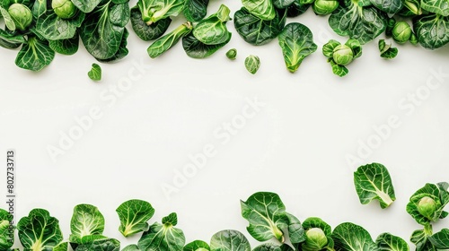 Border of artificial Brussels Sprouts on white background with empty space, top view