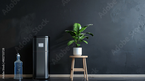 Modern water cooler and houseplant on stool near black photo