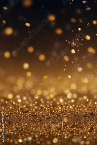 Abstract glittering gold background with shiny glossy sparkles. Gold particles and sequins and light bokeh