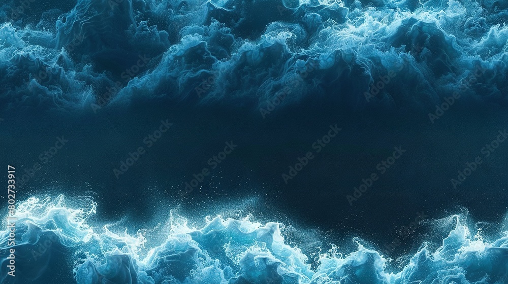   Water body with numerous blue waves rising from deep, dark blue depths