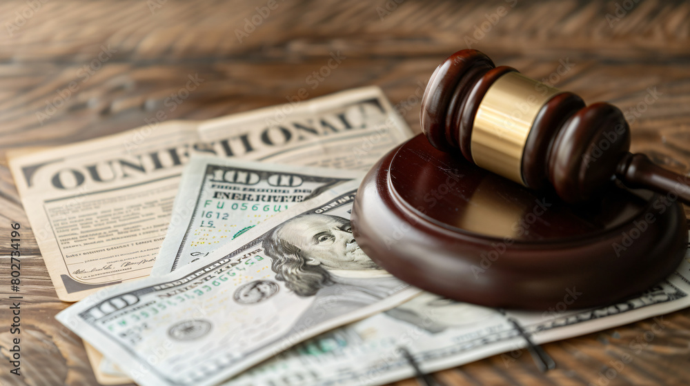 Money with judge gavel and paper sheet with text CLOSE