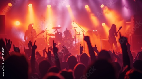 Silhouettes of an enthusiastic audience with raised hands enjoying a live band performance under vibrant stage lights.