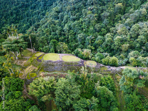Hidden ancient ruins of Tayrona civilization Ciudad Perdida in the heart of the Colombian jungle. Aerial view from above. Lost city of Teyuna. Santa Marta, Sierra Nevada mountains, Colombia wilderness photo