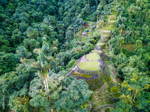 Hidden ancient ruins of Tayrona civilization Ciudad Perdida in the heart of the Colombian jungle. Aerial view from above. Lost city of Teyuna. Santa Marta, Sierra Nevada mountains, Colombia wilderness