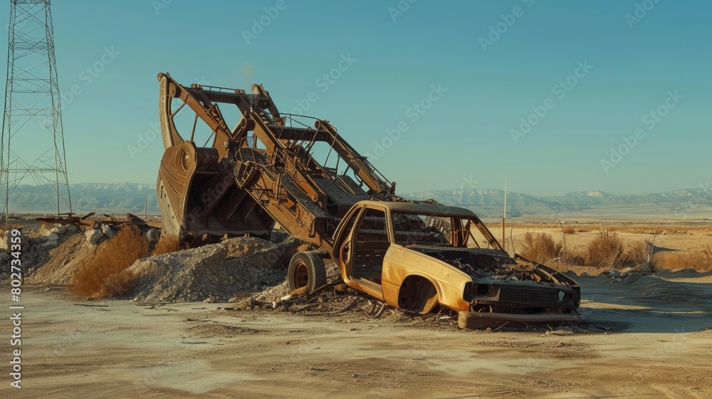Derelict car beside rusty mining equipment in a barren landscape at sunset.