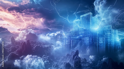A digital fortress with walls made of dynamic code, standing resilient amidst a landscape of virtual threats symbolized by dark clouds and lightning. 32k, full ultra hd, high resolution