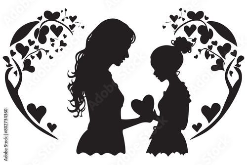 Heart with black silhouette mom and baby