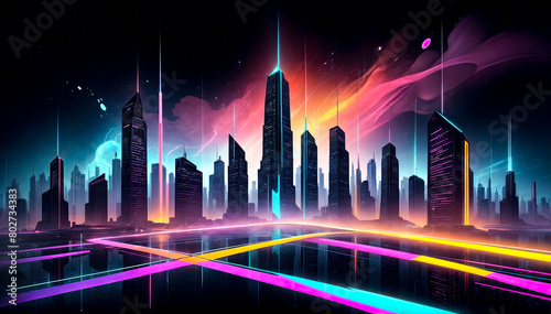 Glowing neon cityscape against dark  abstract background