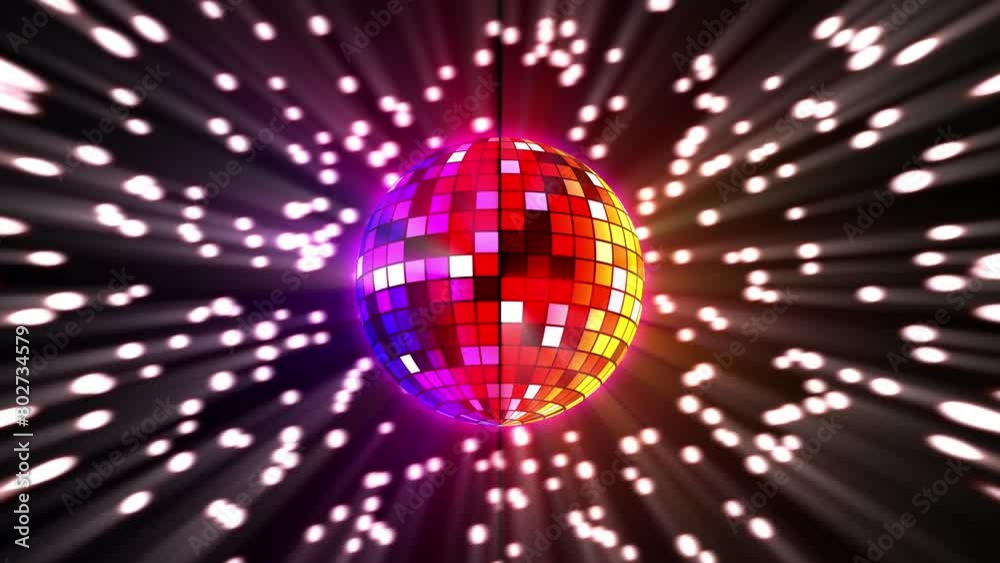 Disco ball on dance floor 4k loop video. Vibrant rainbow colors music dance party celebration seamless background
