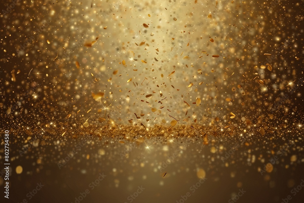 Abstract glittering gold background with shiny glossy sparkles. Gold particles and sequins and light bokeh