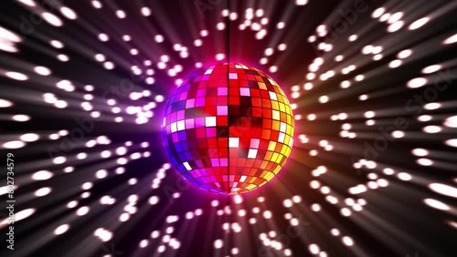 Disco ball on dance floor 4k loop video. Vibrant rainbow colors music dance party celebration seamless background