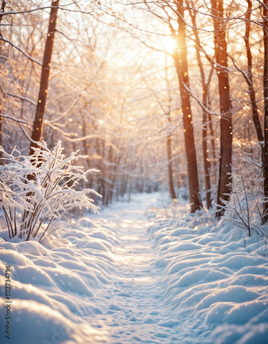 A snowy path in a forest with trees on both sides and sunlight shining through. Winter snowy background, wallpaper, backdrop, banner.