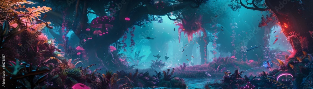 Obraz premium Enchanted Forest with Glowing Plants and Mushrooms
