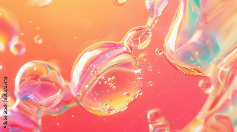 A cluster of air bubbles hovering above a mixed pink and yellow backdrop with water droplets suspended below them A cluster of air bubbles hovering above a mixed pink and yellow backdrop with water droplets suspended below them