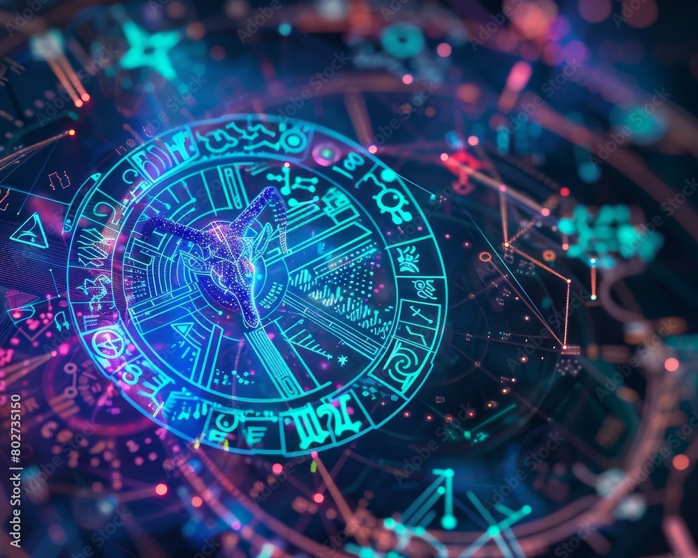 Futuristic Zodiac Wheel with Neon Astrology Symbols