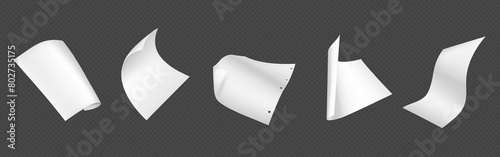 3d white fly paper sheet. Fall isolated document. Blank falling realistic letter set mockup. Curl office a4 notebook shape template design. Empty corporate post or paperwork in air abstract mock up.