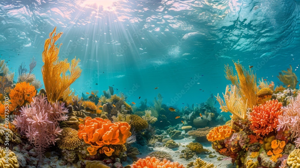Fototapeta premium Vibrant Coral Reef Under Sunlit Ocean Waters