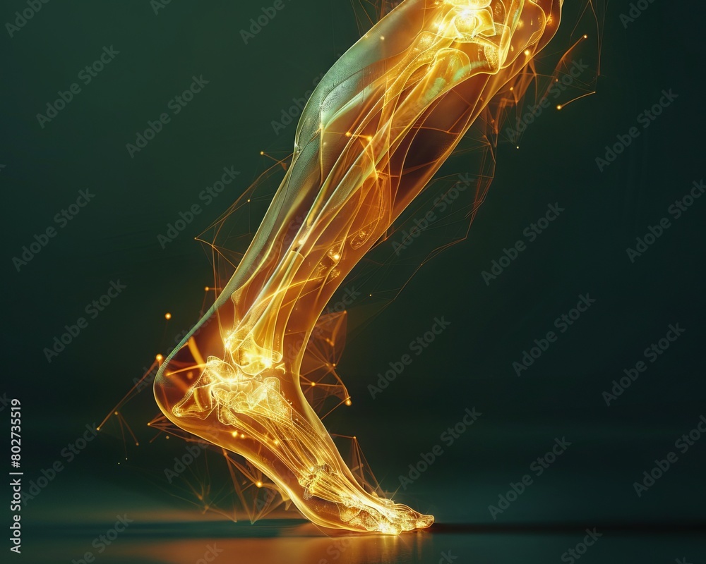 Dynamic digital artwork of a human foot, illustrated in a fiery golden ...