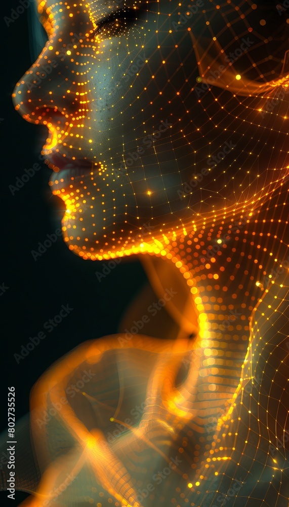 Obraz premium Elegant visualization of a human face and neck covered by a glowing golden digital mesh, highlighting the fusion of beauty and technology.
