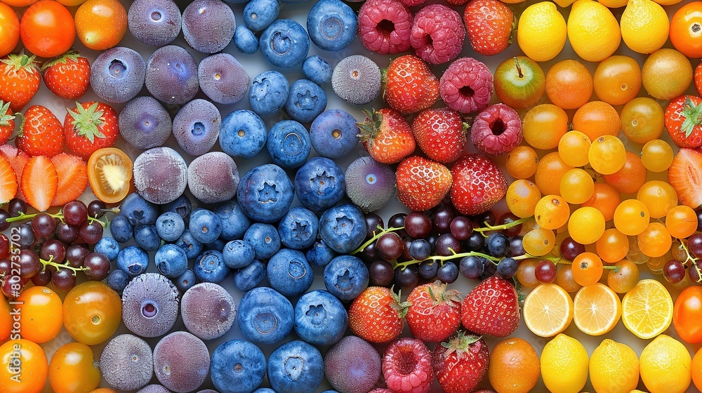 Colorful arrangement of diverse fruits in a vibrant spectrum, featuring strawberries, oranges, blueberries, and raspberries Colorful arrangement of diverse fruits in a vibrant spectrum, featuring strawberries, oranges, blueberries, and raspberries