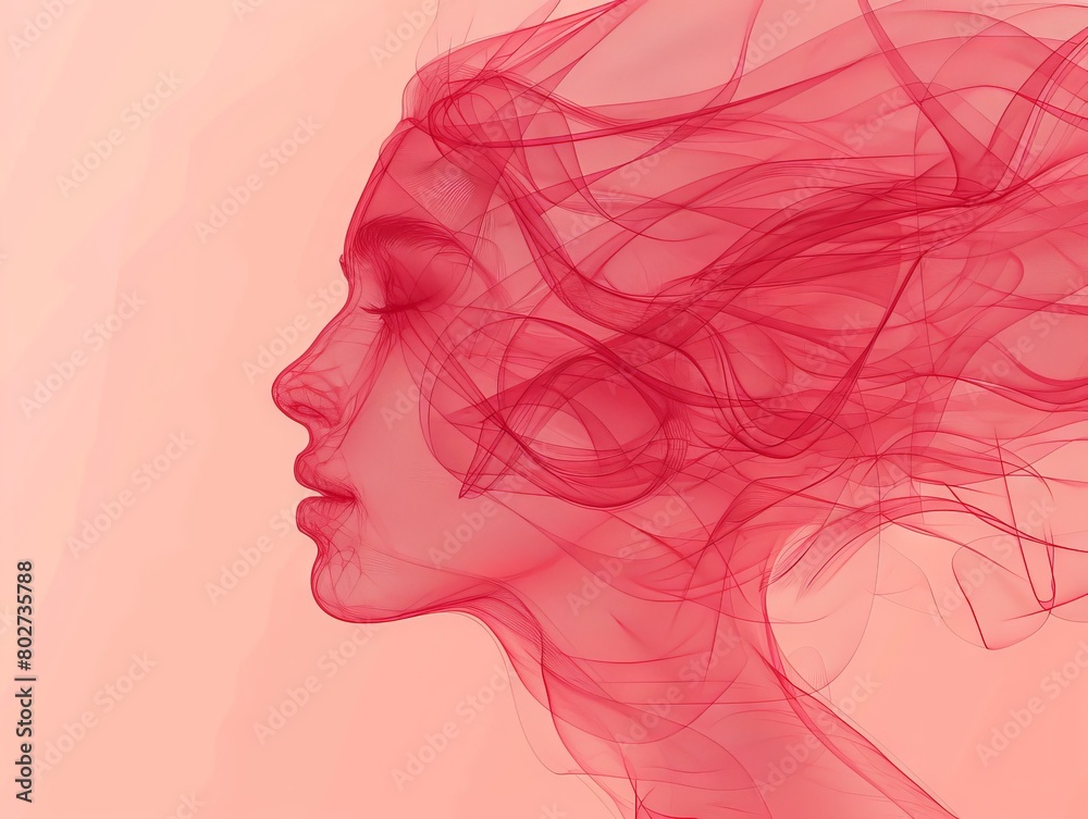 The image shows a beautiful woman with flowing red hair made of threads. She is wearing a red dress and has a serene expression on her face. The background is a soft pink color. The image shows a beautiful woman with flowing red hair made of threads. She is wearing a red dress and has a serene expression on her face. The background is a soft pink color.