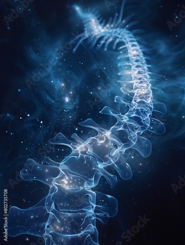 The image is showing the backbone of a creature that looks like a dragon. The background is dark blue with bright stars.