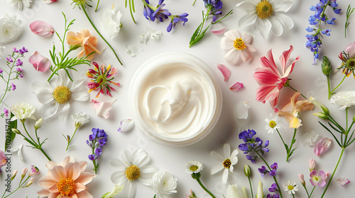 Natural cream with flowers on white background