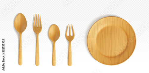 3d wood cutlery plate and spoon top view vector illustration. Empty bamboo tableware for food isolated. Disposable kitchenware bowl for pizza on dinner meal or picnic. Realistic eco friendly dish photo