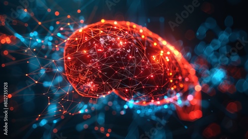 The image shows a glowing brain with a lot of connections. It is red and blue and looks very detailed. The background is black.