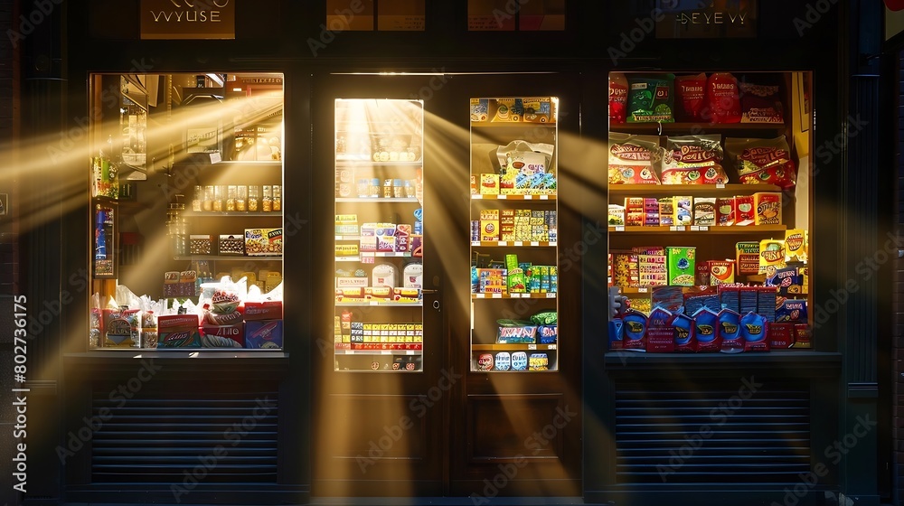 Close-up of double door of shop with rays of light shining out of it inside is a sweetie shop, full of shiny bright and delight : Generative AI