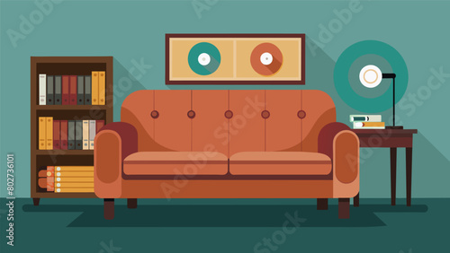 A worn leather couch sat in the corner inviting customers to sit and relax while listening to their newly purchased records.. Vector illustration