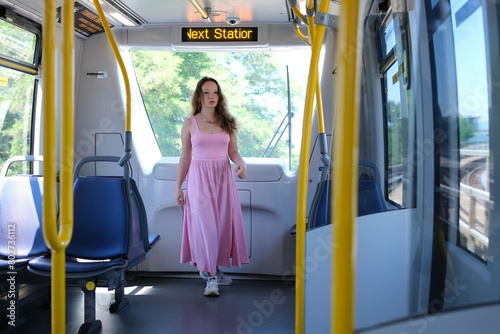 Beautiful girl in a subway car in Vancouver Canada, City life.