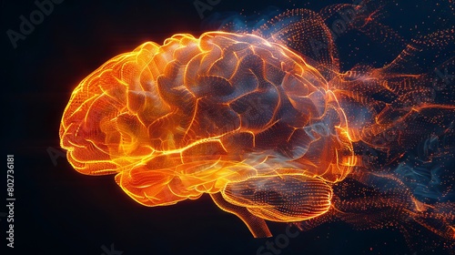 The image shows a human brain on fire. The fire is orange and blue, and the brain is surrounded by smoke. The image is set on a black background. photo