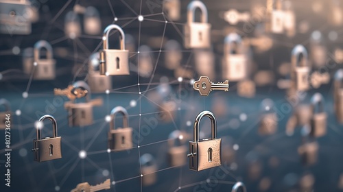 An array of digital padlocks and keys floating above a network grid, symbolizing access control and authentication in network security. 32k, full ultra hd, high resolution photo