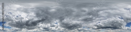 gray sky hdri 360 panorama with dark clouds before storm in seamless projection with zenith for use in 3d graphics as sky dome or edit drone shot for sky replacement © hiv360