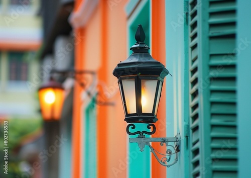 Classic Street Lantern Illuminated Against Colorful Building Facade