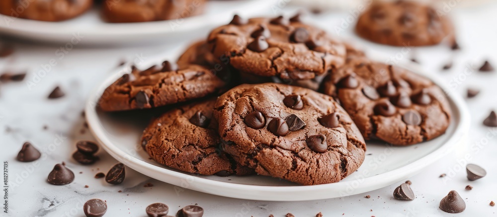 Chocolate cookies made at home on a white plate with a close-up shot. Chocolate cookies made at home on a white plate with a close-up shot.