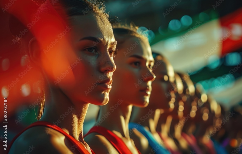 A row of female athletes in the Olympic Games venue, female athletes in the sports event venue A row of female athletes in the Olympic Games venue, female athletes in the sports event venue