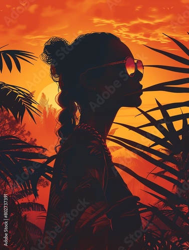 a shadowed silhouette of a woman in sunglasses, set against a sunset in vivid summer hues, enhanced by tropical foliage © ontsunan