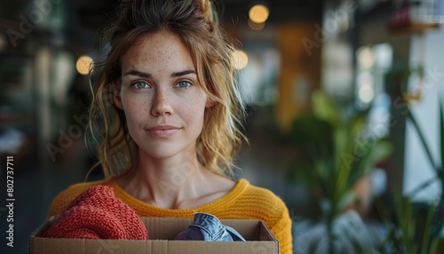 Close up of woman holds cardboard box filled with donated clothes photo