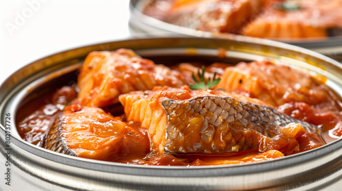 Opened tin cans with fish in tomato sauce isolated on