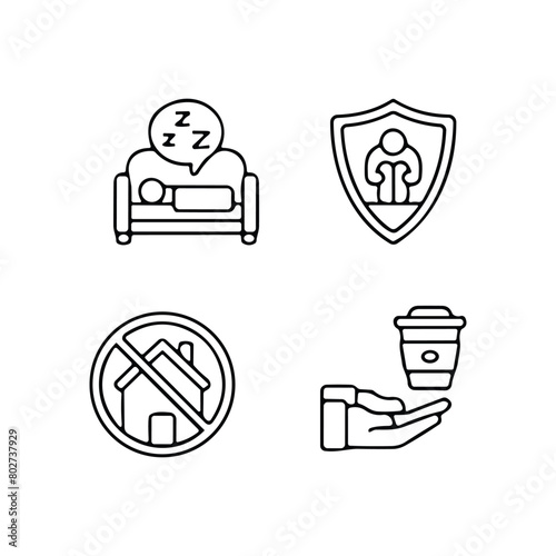 homeless outline icon set includes thin line donation, bunk bed, leftover, bridge, mittens, alcohol, food stall icons for report, presentation, diagram, web design