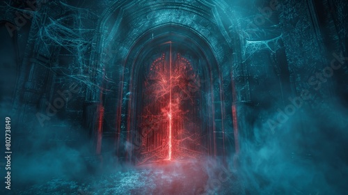 Ethereal gates of heaven and hell set in a dark, open space, with shrouded mist, cobwebs, and flames highlighting a red glowing door