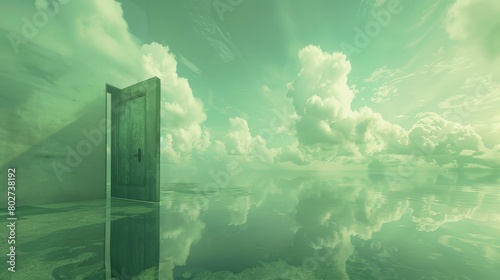 Ethereal scene featuring a door amidst clouds  overlooking a serene lake  in a calming sage green setting that promotes relaxation