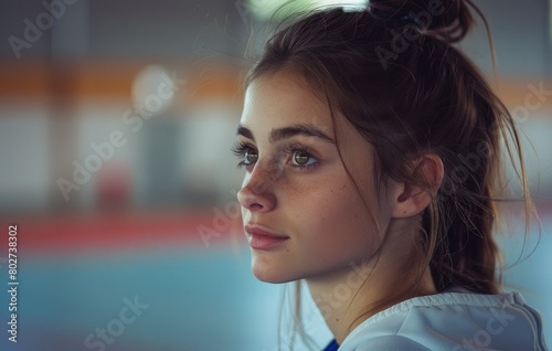 Close-up of a female athlete in an Olympic venue, Olympic gymnastics competition